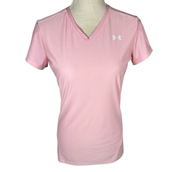 Under Armour Heat Gear Pink V Neck Fitted Compression Short Sleeve Tee Top - Picture 2 of 6